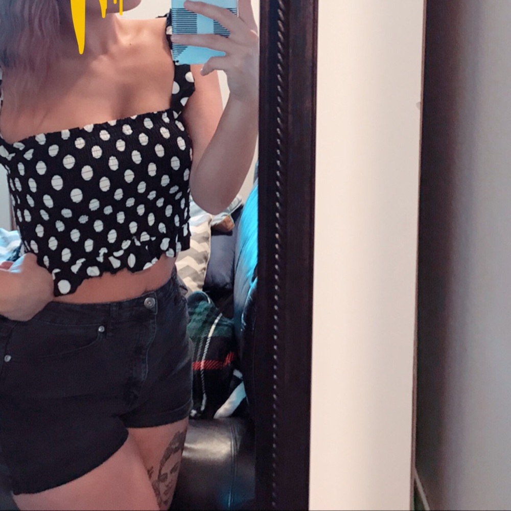 Black polka dot crop tank with tie up sleeves